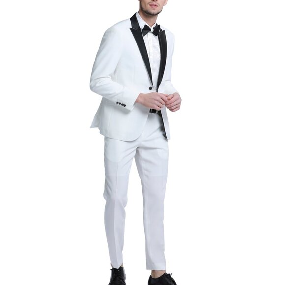 White Satin Peak lapel Skinny Fit Men's Suit With Matching Bowtie